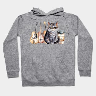 Funny Guitar Grumpy Cat Coffee Retro Cute Watercolor Hoodie